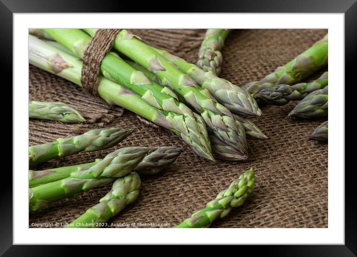 Raw garden asparagus stems. Fresh green spring vegetables on wooden background. (Asparagus officinalis). Framed Mounted Print by Lubos Chlubny