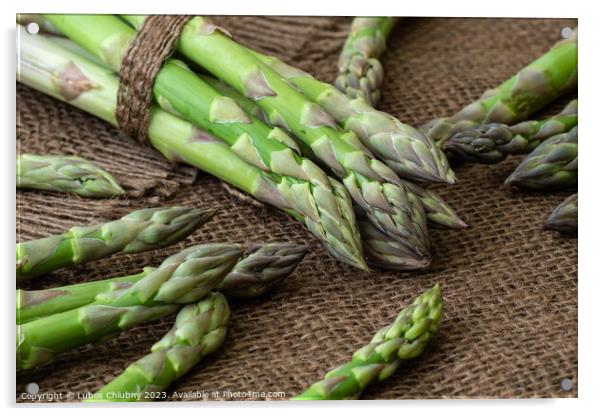 Raw garden asparagus stems. Fresh green spring vegetables on wooden background. (Asparagus officinalis). Acrylic by Lubos Chlubny