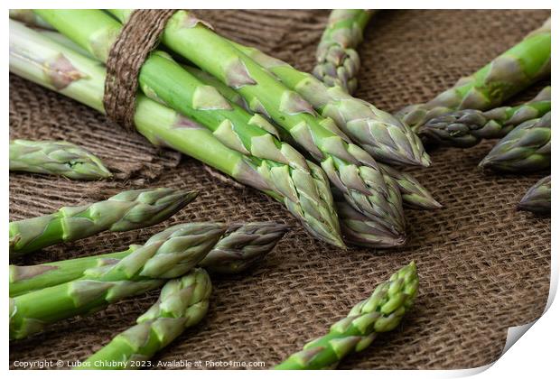 Raw garden asparagus stems. Fresh green spring vegetables on wooden background. (Asparagus officinalis). Print by Lubos Chlubny