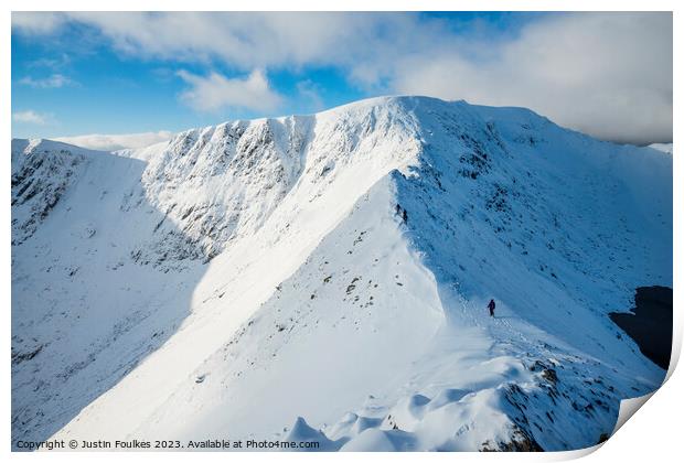 Striding Edge, after winter snow, Helvellyn Print by Justin Foulkes