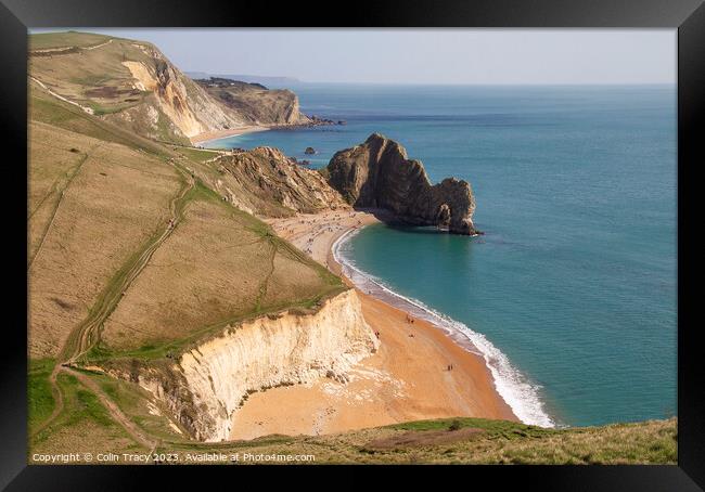 Durdle Door, Beach and Cliffs Framed Print by Colin Tracy