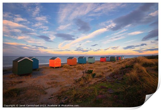 Vibrant Beach Huts by the Calm Findhorn Bay Print by Janet Carmichael