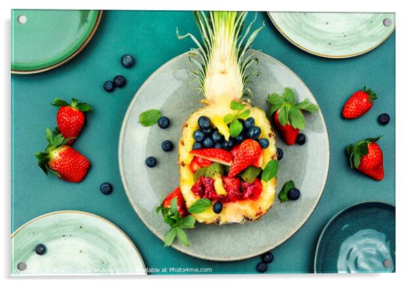 Fruit salad in half a pineapple. Acrylic by Mykola Lunov Mykola