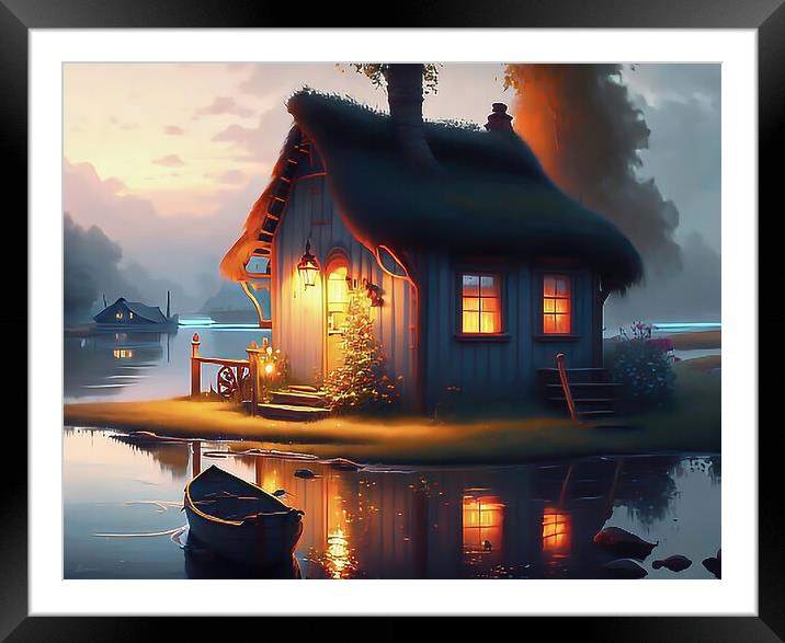 Serene Lakeside Cottage Framed Mounted Print by Roger Mechan