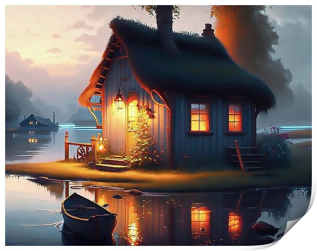 Serene Lakeside Cottage Print by Roger Mechan