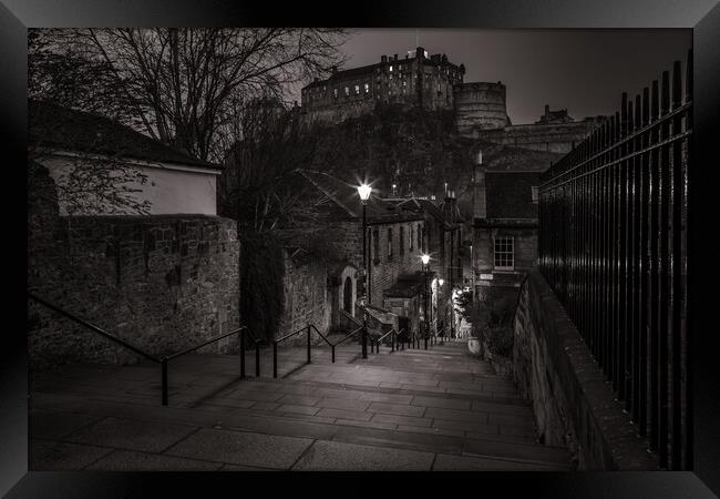 Edinburgh Castle from the steps at The Vennel Framed Print by John Frid