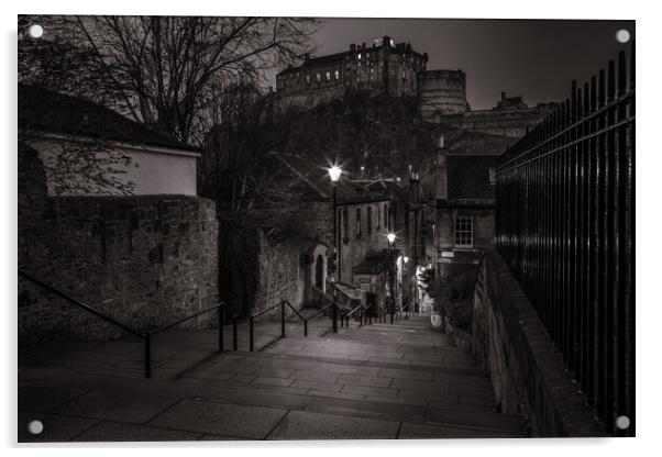 Edinburgh Castle from the steps at The Vennel Acrylic by John Frid