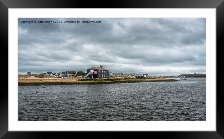 A view across to Mudeford Beach Huts and beach Framed Mounted Print by Sue Knight