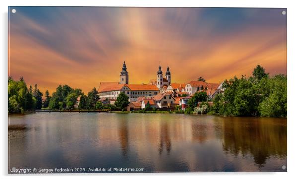 View of Telc across pond with reflections, South Moravia, Czech Republic. Acrylic by Sergey Fedoskin
