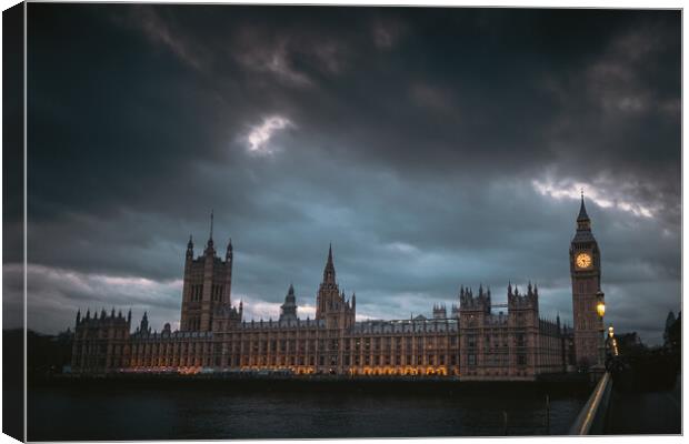 Houses of Parliament, Westminster Bridge, Twilight Canvas Print by Mark Jones