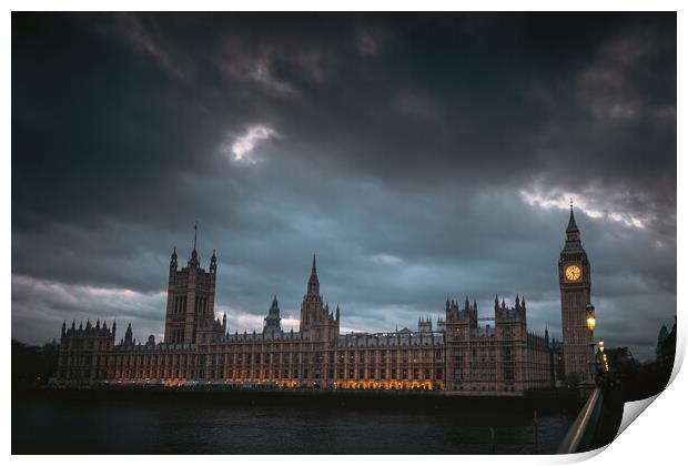 Houses of Parliament, Westminster Bridge, Twilight Print by Mark Jones