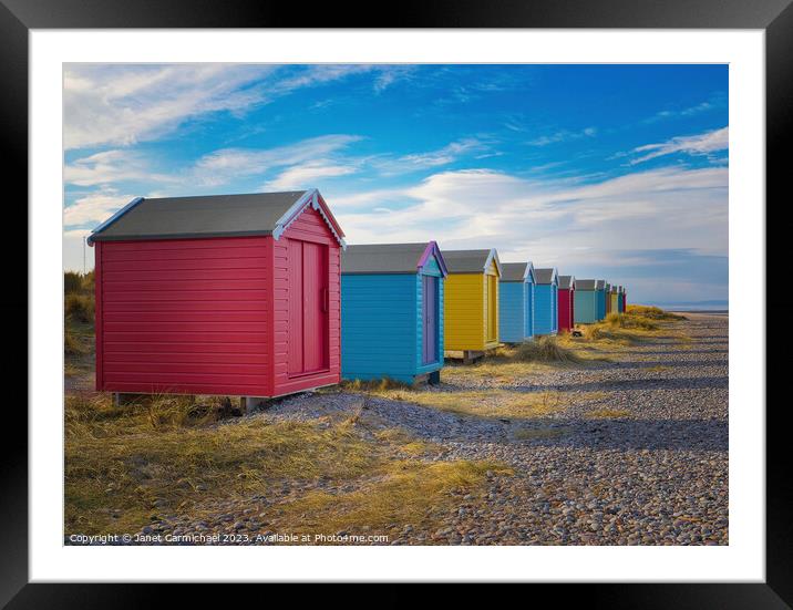 Colourful Beach Huts under Scottish Skies Framed Mounted Print by Janet Carmichael