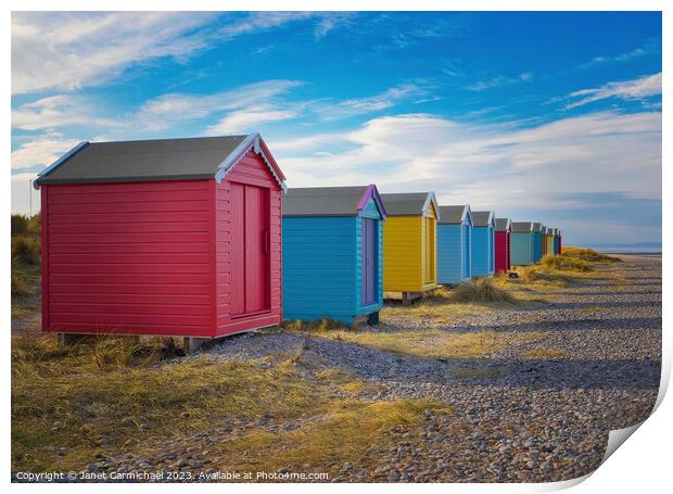 Colourful Beach Huts under Scottish Skies Print by Janet Carmichael
