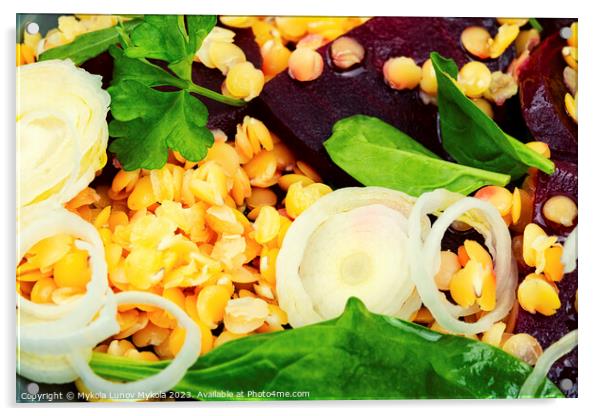 Low calorie lentil salad, food background Acrylic by Mykola Lunov Mykola