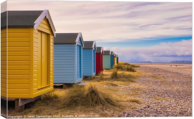 Findhorn Beach Huts Canvas Print by Janet Carmichael