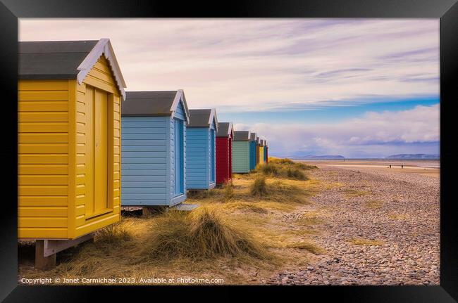 Findhorn Beach Huts Framed Print by Janet Carmichael