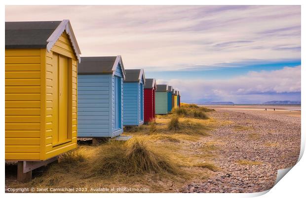 Findhorn Beach Huts Print by Janet Carmichael