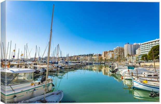 City and boats at marina port at coast of Palma de Majorca Canvas Print by Alex Winter