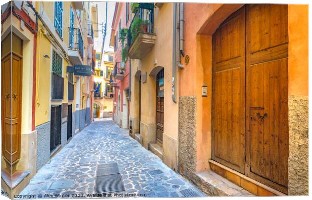 Narrow street at the old town of Palma de Majorca Canvas Print by Alex Winter