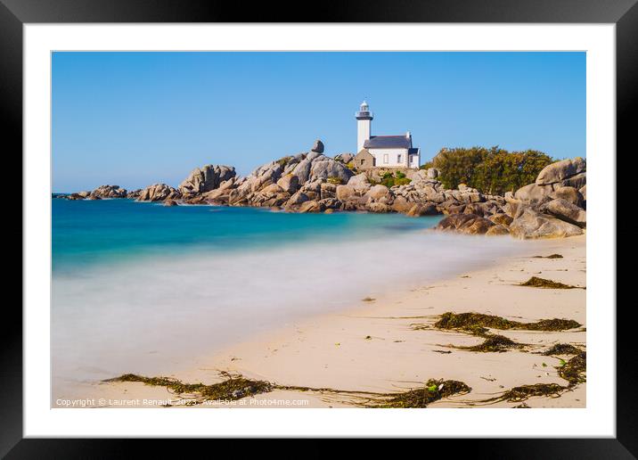 Pontusval lighthouse from coast in Kerlouan Framed Mounted Print by Laurent Renault