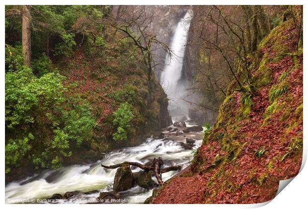 Grey Mares Waterfall in Spate, Kinlochleven Scotla Print by Barbara Jones