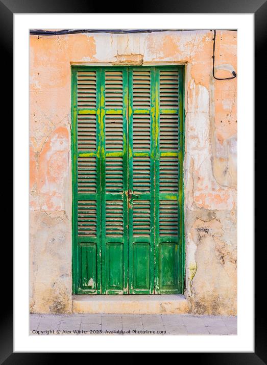 Old green wood front door Framed Mounted Print by Alex Winter