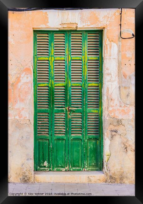 Old green wood front door Framed Print by Alex Winter