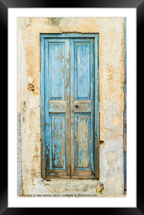 Vintage old blue wooden front door Framed Mounted Print by Alex Winter
