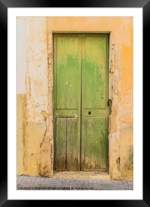 green wooden entrance front door Framed Mounted Print by Alex Winter