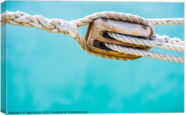 Detail image of wooden pulley with ropes Canvas Print by Alex Winter