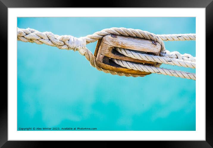 Detail image of wooden pulley with ropes Framed Mounted Print by Alex Winter