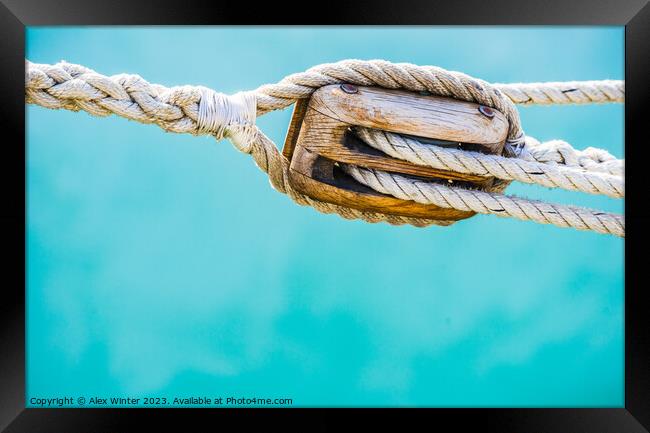 Detail image of wooden pulley with ropes Framed Print by Alex Winter