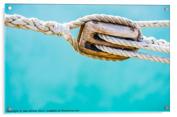 Detail image of wooden pulley with ropes Acrylic by Alex Winter