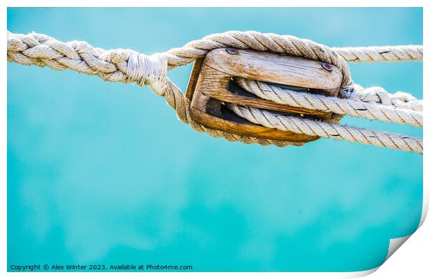 Detail image of wooden pulley with ropes Print by Alex Winter