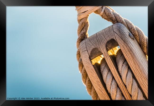 Detail image of wooden pulley with ropes of an classical sailing yacht Framed Print by Alex Winter