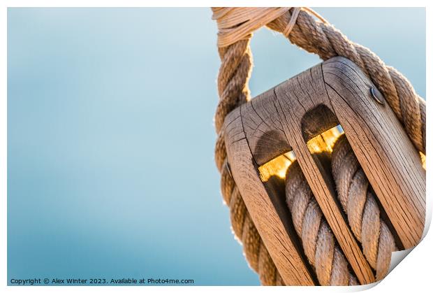 Detail image of wooden pulley with ropes of an classical sailing yacht Print by Alex Winter