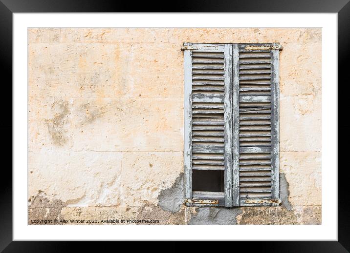 Detail view of old damaged window shutters Framed Mounted Print by Alex Winter