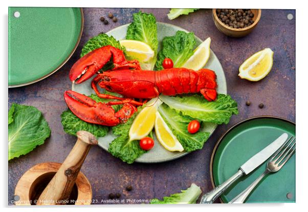 Boiled lobster, greens and lemon Acrylic by Mykola Lunov Mykola