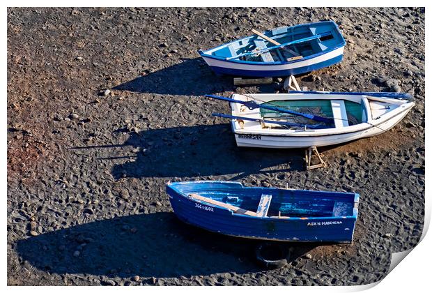 Three boats and their shadows Print by Joyce Storey