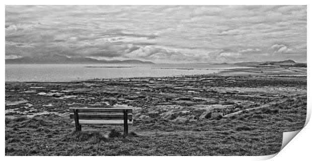 Seamill beach bench and Arran (abstract) Print by Allan Durward Photography