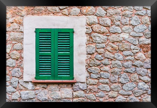 Window shutters and rustic stone wall Framed Print by Alex Winter