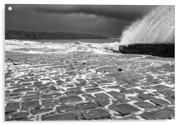 Filey Cobble Landing Black and White Acrylic by Tim Hill