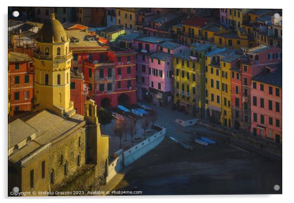 Top view of Vernazza church and old town. Cinque Terre Acrylic by Stefano Orazzini