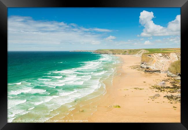 The beach at Watergate Bay, North Cornwall Framed Print by Justin Foulkes