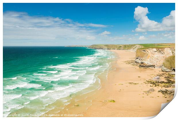 The beach at Watergate Bay, North Cornwall Print by Justin Foulkes
