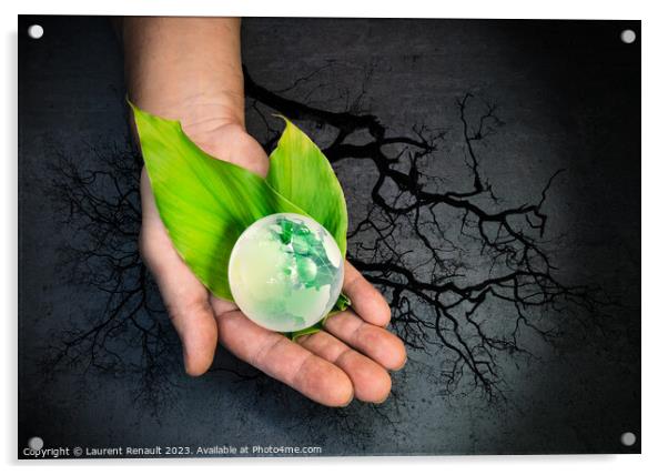 Human hands holding a green globe of planet Earth over leaves Acrylic by Laurent Renault