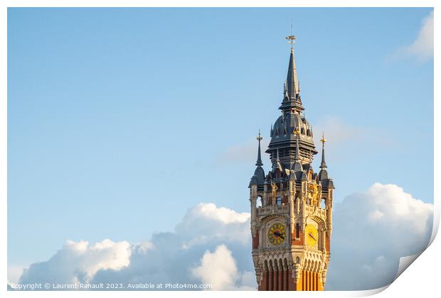 Belfry, clock tower at town hall in Calais, France Print by Laurent Renault