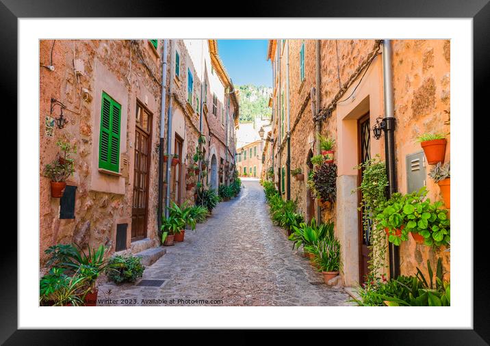 Beautiful street in the mediterranean village Framed Mounted Print by Alex Winter