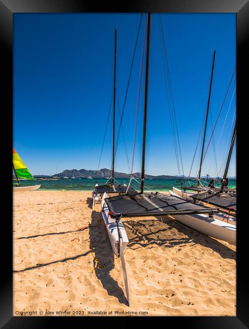 View of catamaran sailing boat at coast of sand be Framed Print by Alex Winter