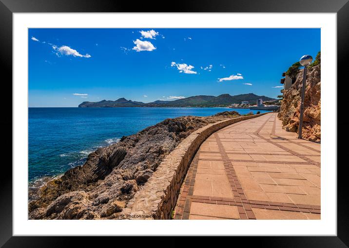 Idyllic boardwalk at the seaside in Cala Rajada Framed Mounted Print by Alex Winter